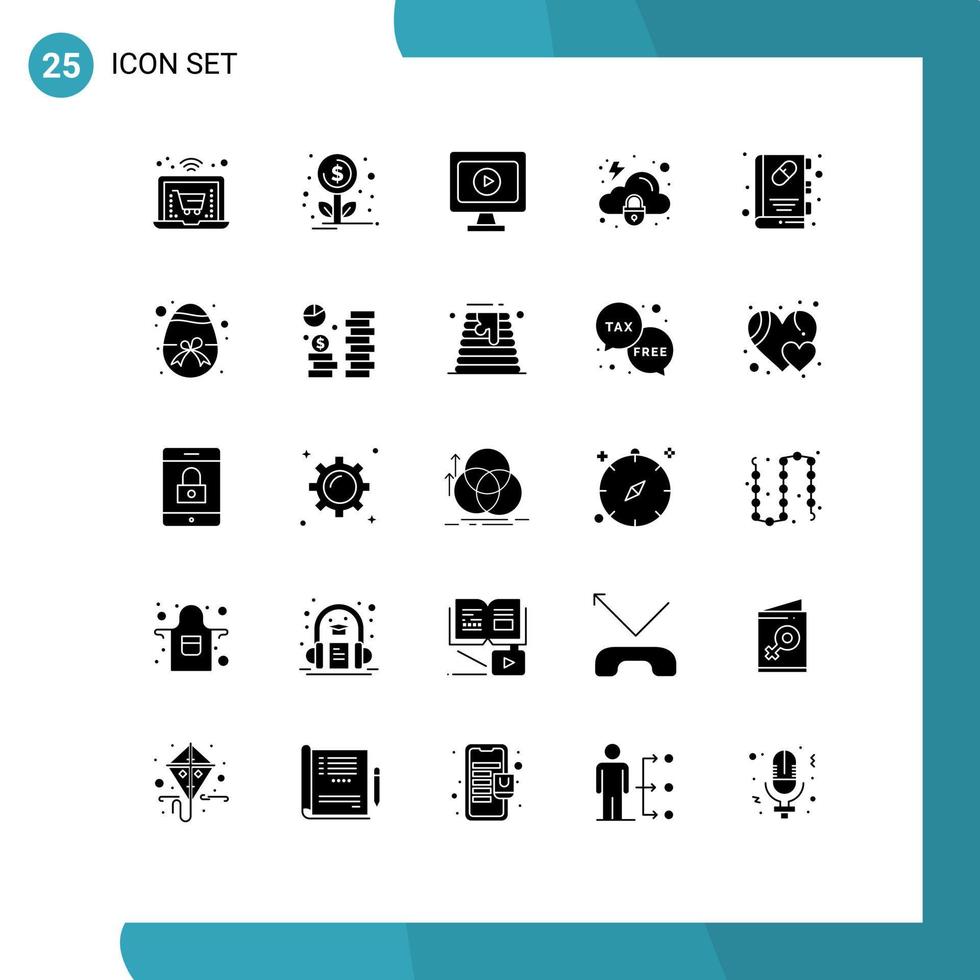 25 Universal Solid Glyphs Set for Web and Mobile Applications easter health book play booklet security Editable Vector Design Elements