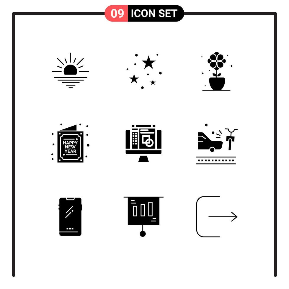 9 User Interface Solid Glyph Pack of modern Signs and Symbols of graphic designing new flower happy card Editable Vector Design Elements