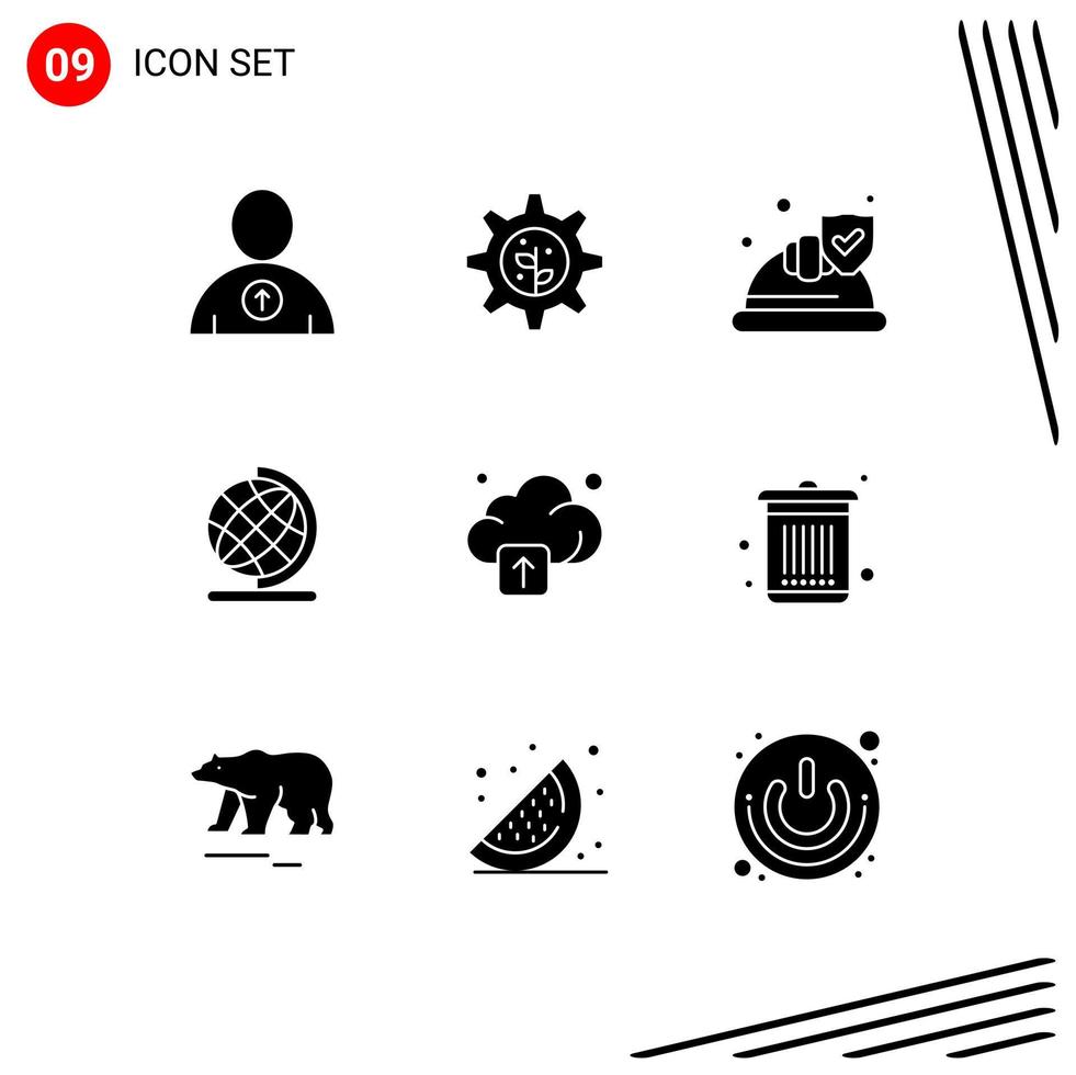 Mobile Interface Solid Glyph Set of 9 Pictograms of dustbin technology security upload globe Editable Vector Design Elements