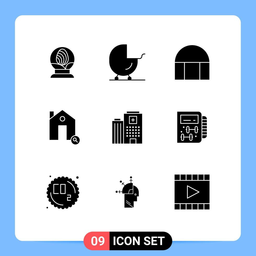 Group of 9 Solid Glyphs Signs and Symbols for hospital house building find buildings Editable Vector Design Elements