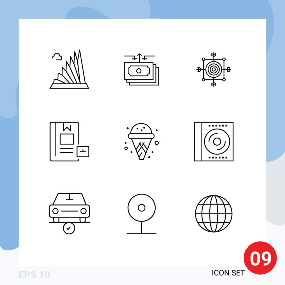Group of 9 Modern Outlines Set for education book cash target dart Editable Vector Design Elements