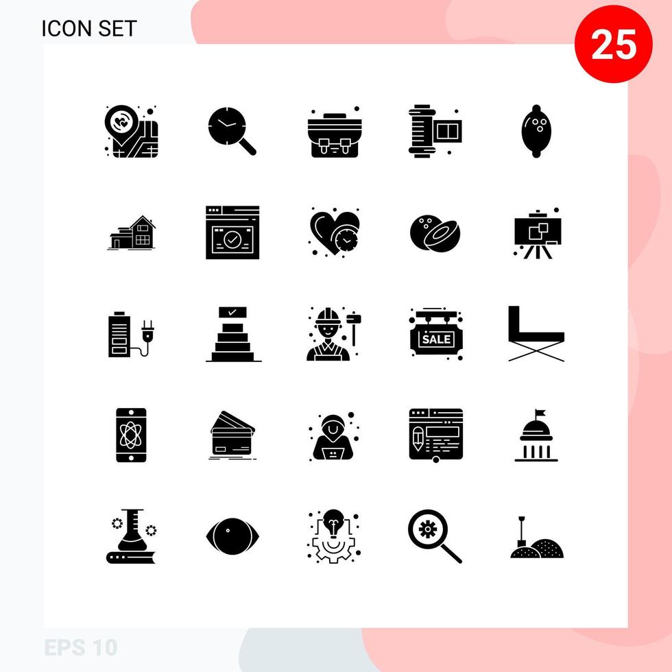 Mobile Interface Solid Glyph Set of 25 Pictograms of home fruit bag food camera accessories Editable Vector Design Elements