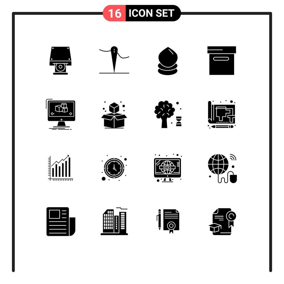 paquete de 16 signos y símbolos de glifos sólidos modernos para medios de impresión web, como elementos de diseño de vectores editables de caja de computadora ecológica editor de software