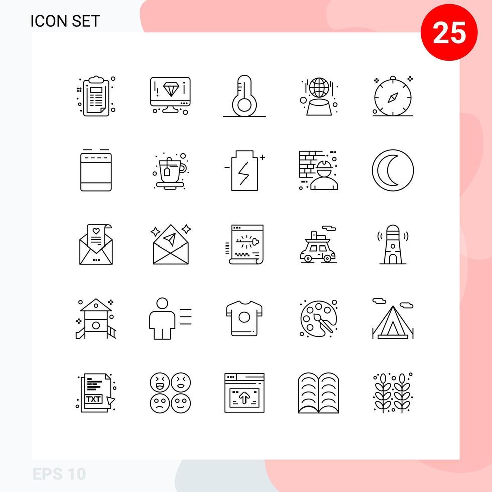 25 Thematic Vector Lines and Editable Symbols of holiday compass science network globe Editable Vector Design Elements