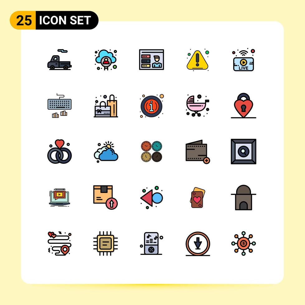 paquete de interfaz de usuario de 25 colores planos básicos de línea rellena de elementos de diseño de vector editables de error de advertencia de perfil de utube en vivo