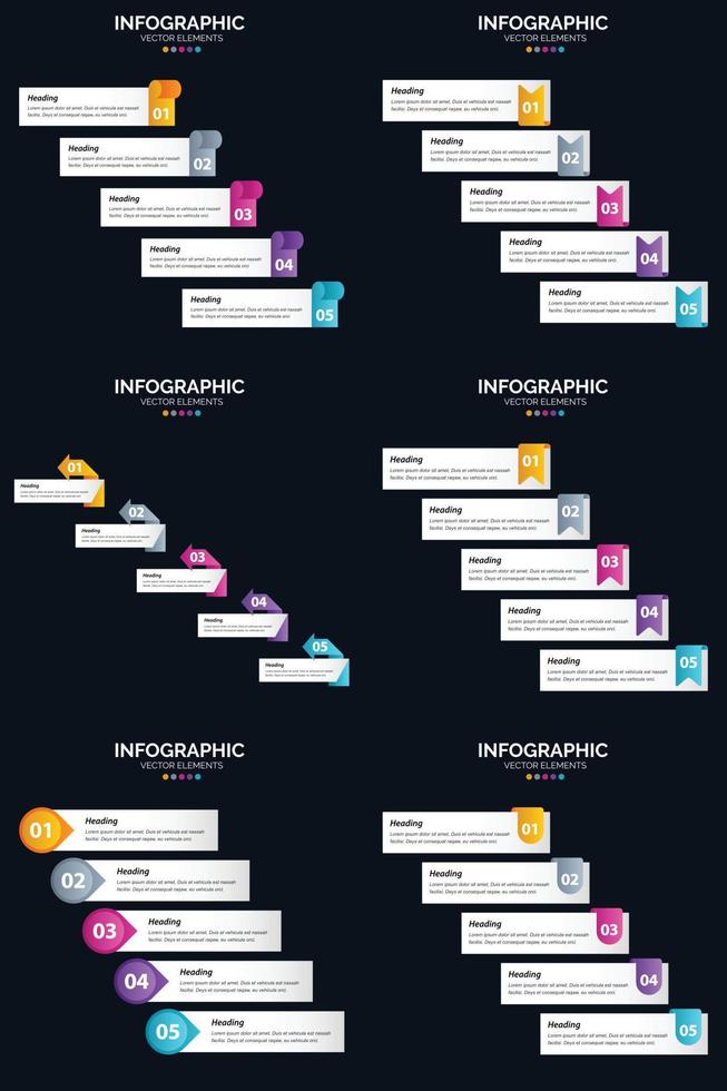 plantilla de diapositiva de presentación del paquete de infografías vectoriales 6 diagramas de ciclo de 5 pasos y líneas de tiempo vector