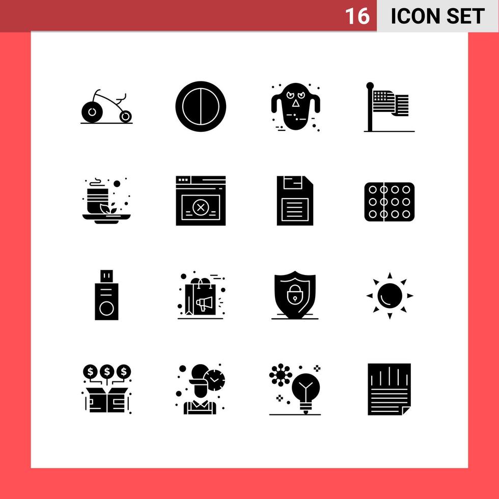 conjunto de glifos sólidos de interfaz móvil de 16 pictogramas de página té verde aterrador usa elementos de diseño vectorial editables vector