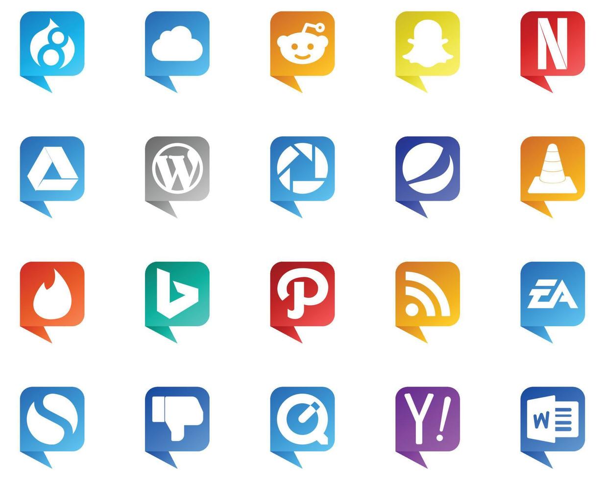 20 logotipo de estilo de burbuja de discurso de redes sociales como camino de artes electrónicas picasa bing player vector