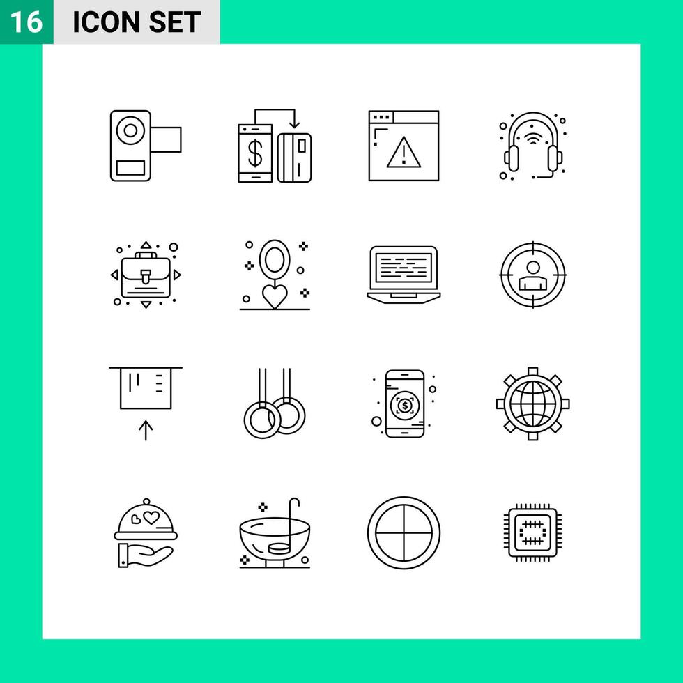 Group of 16 Outlines Signs and Symbols for headphone gadget payment device web Editable Vector Design Elements