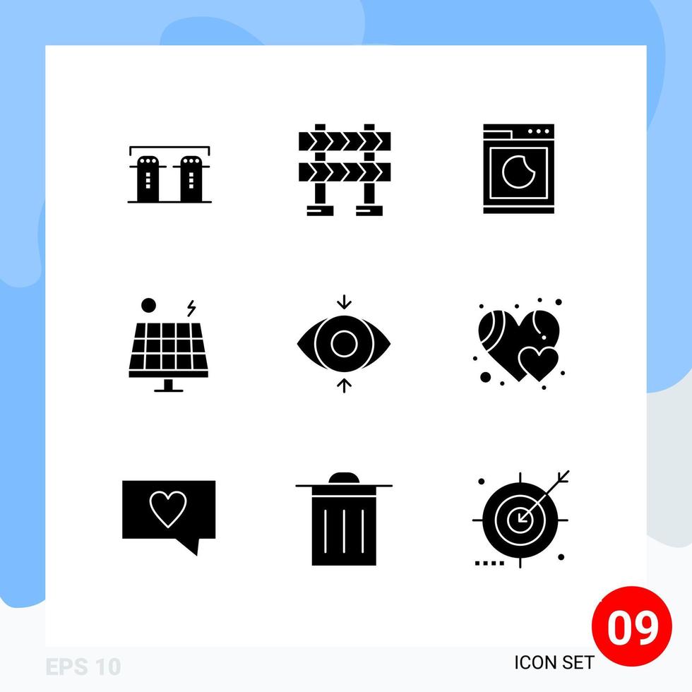 Set of 9 Commercial Solid Glyphs pack for view eye machine solar environment Editable Vector Design Elements