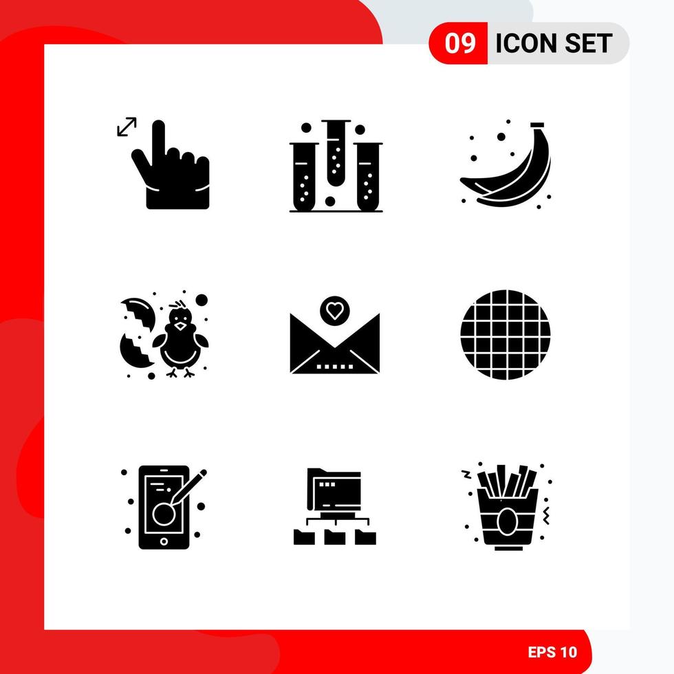 Pack of 9 Modern Solid Glyphs Signs and Symbols for Web Print Media such as message email banana happy chicken Editable Vector Design Elements