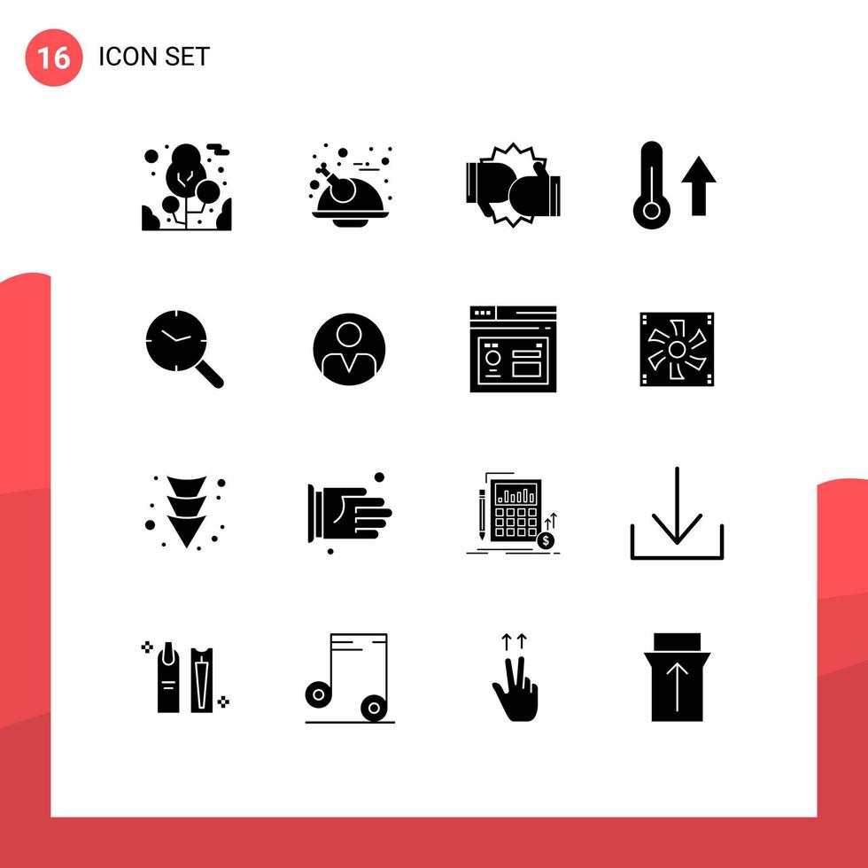Set of 16 Vector Solid Glyphs on Grid for search thermometer boxing nature climate Editable Vector Design Elements