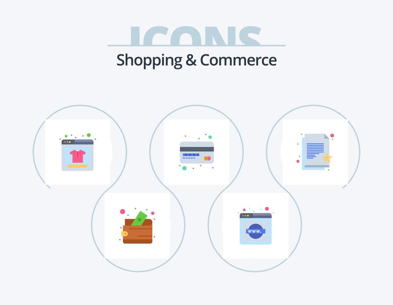 Compras y comercio paquete de iconos planos 5 diseño de iconos. lista de deseos papel favorito. producto en línea documento favorito. tarjeta de débito vector