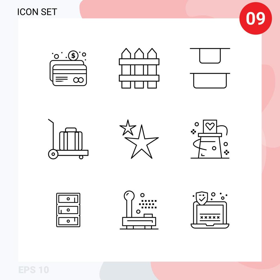 conjunto de 9 iconos de interfaz de usuario modernos símbolos signos para sombrero estrella distribuir forma equipaje elementos de diseño vectorial editables vector