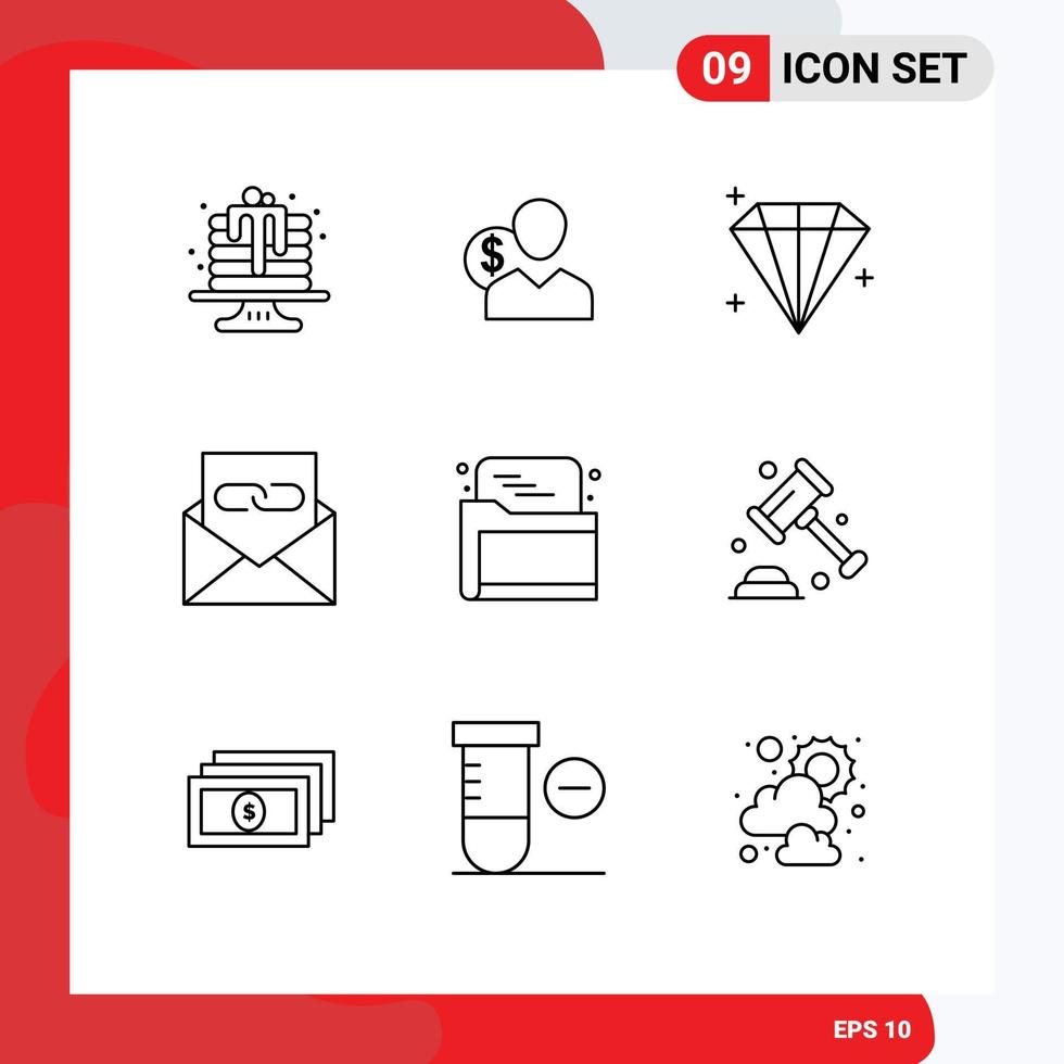 Mobile Interface Outline Set of 9 Pictograms of email contact finance communication jewel Editable Vector Design Elements