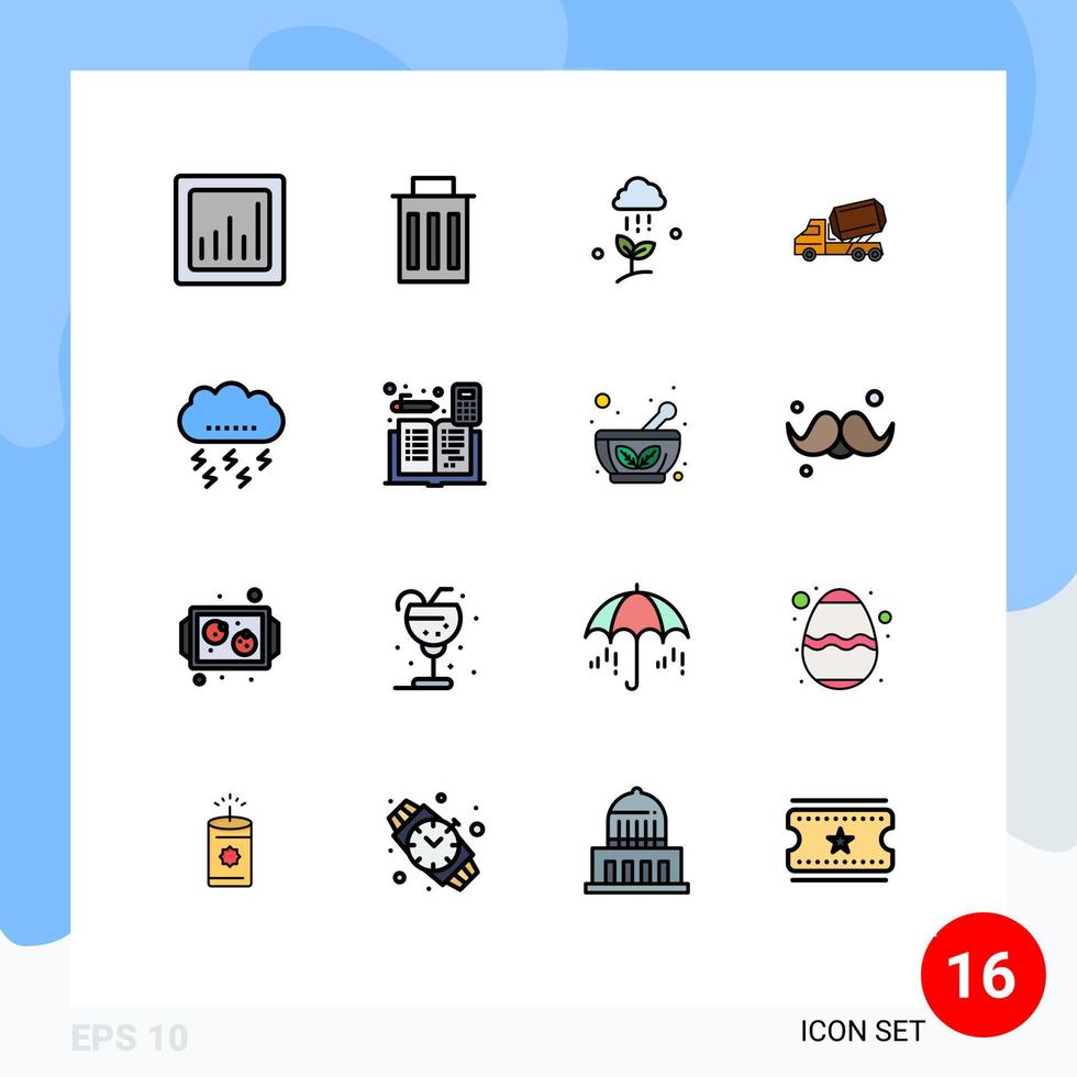 paquete de 16 líneas llenas de colores planos modernos, signos y símbolos para medios de impresión web, como elementos de diseño de vectores creativos editables de camiones de construcción de nubes de vehículos de otoño