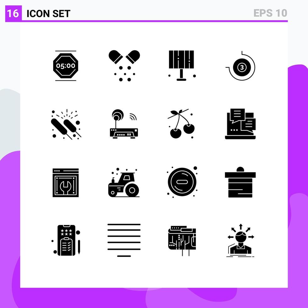 Group of 16 Solid Glyphs Signs and Symbols for event timepiece pills stop watch home light Editable Vector Design Elements