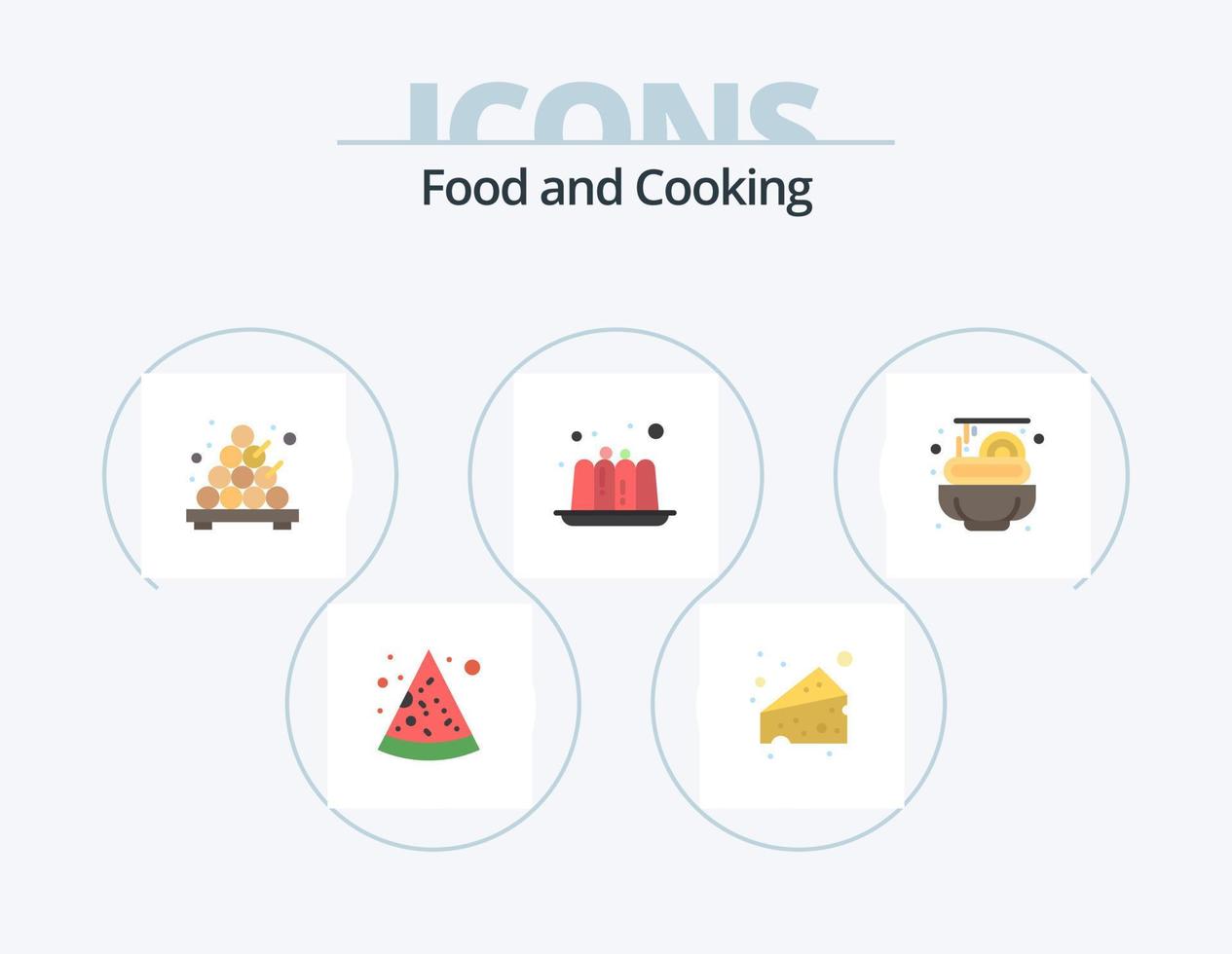 paquete de iconos planos de alimentos 5 diseño de iconos. . . takoyaki. espaguetis. alimento vector