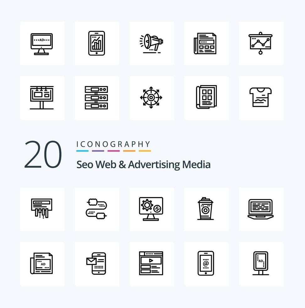 20 Seo Web And Advertising Media Line icon Pack like black coffee mug generator coffee gear vector