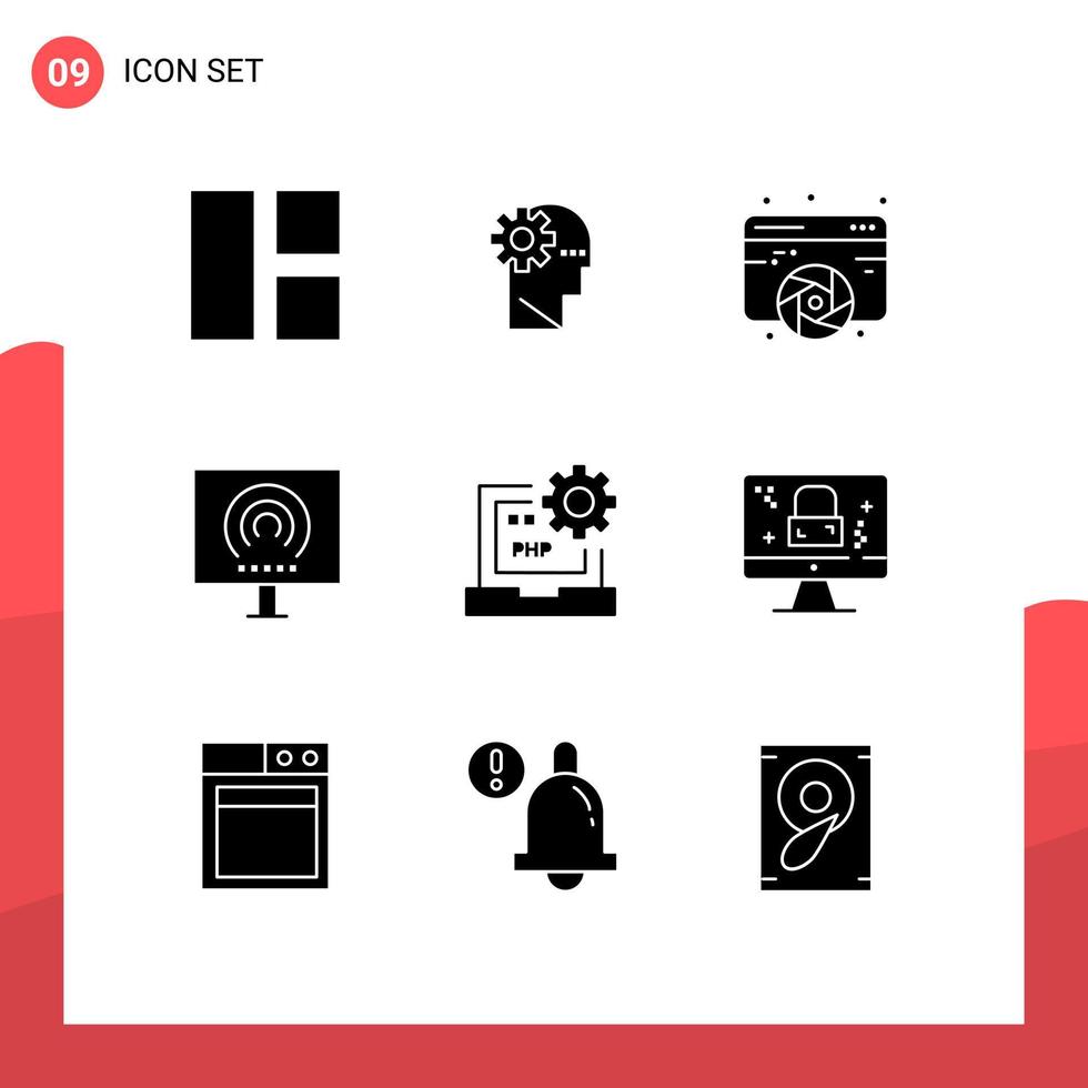 Universal Icon Symbols Group of 9 Modern Solid Glyphs of stream radio design office web Editable Vector Design Elements