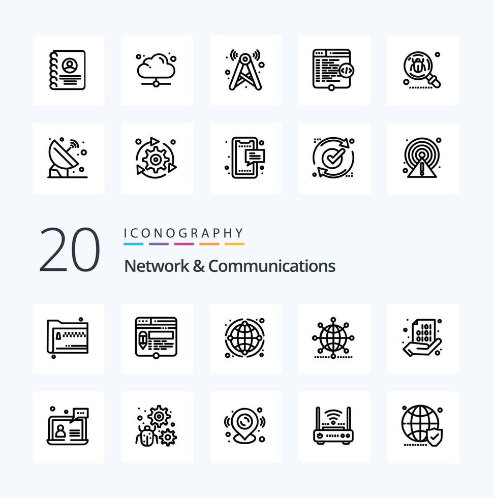 Paquete de 20 iconos de línea de red y comunicaciones como red mundial de sitio web de código compartido vector