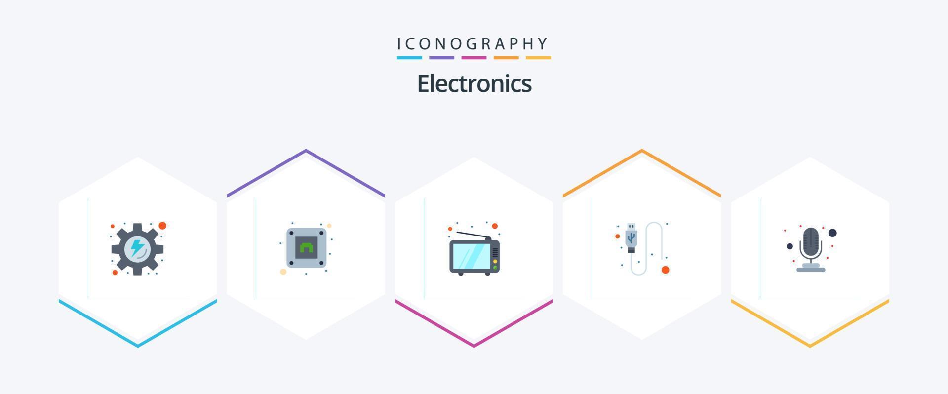 paquete de 25 íconos planos de electrónica que incluye . micrófono. televisión. micrófono USB vector