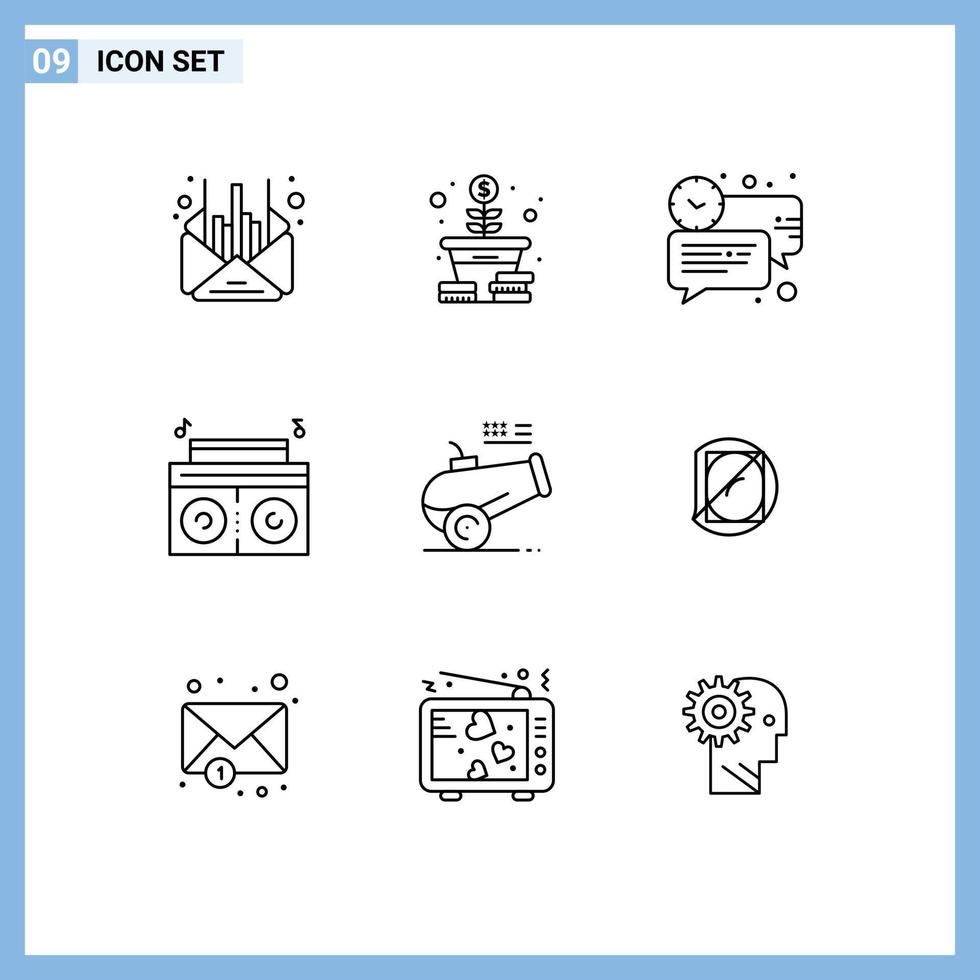Modern Set of 9 Outlines Pictograph of cannon radio bubble player time Editable Vector Design Elements