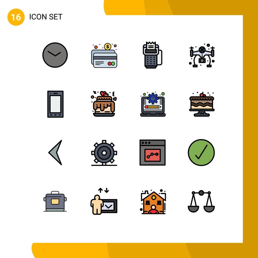 Pack of 16 Modern Flat Color Filled Lines Signs and Symbols for Web Print Media such as ipad camera card hobby payment Editable Creative Vector Design Elements