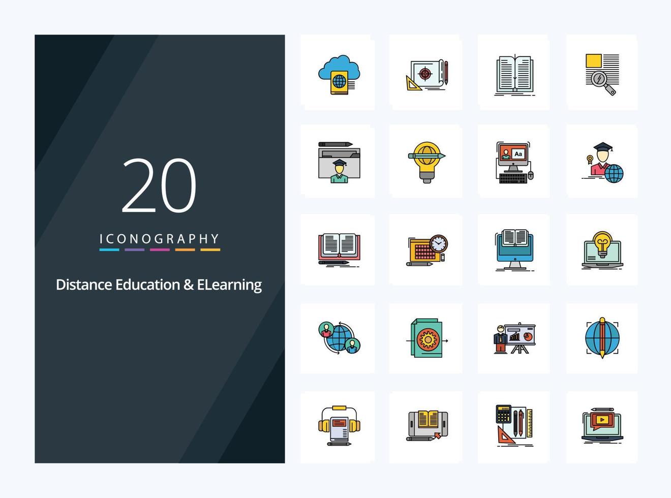 20 Distance Education And Elearning line Filled icon for presentation vector