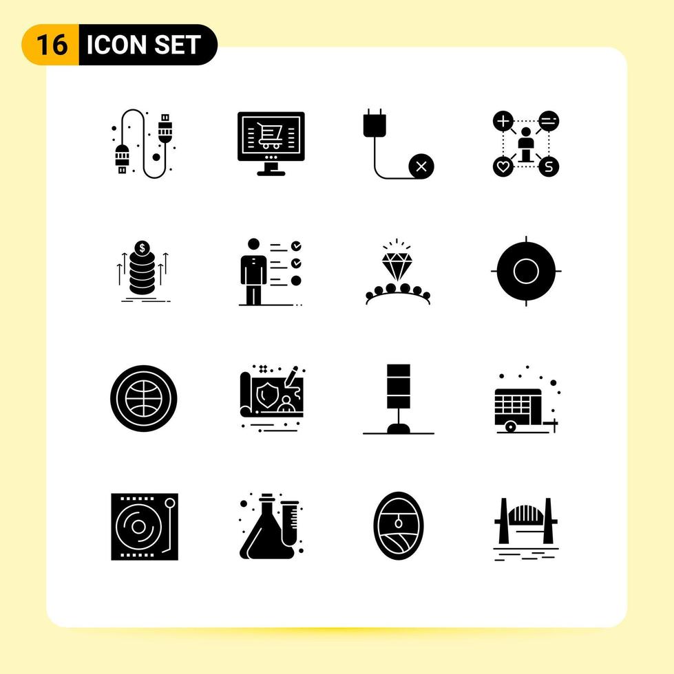 16 Thematic Vector Solid Glyphs and Editable Symbols of money add cord like user Editable Vector Design Elements