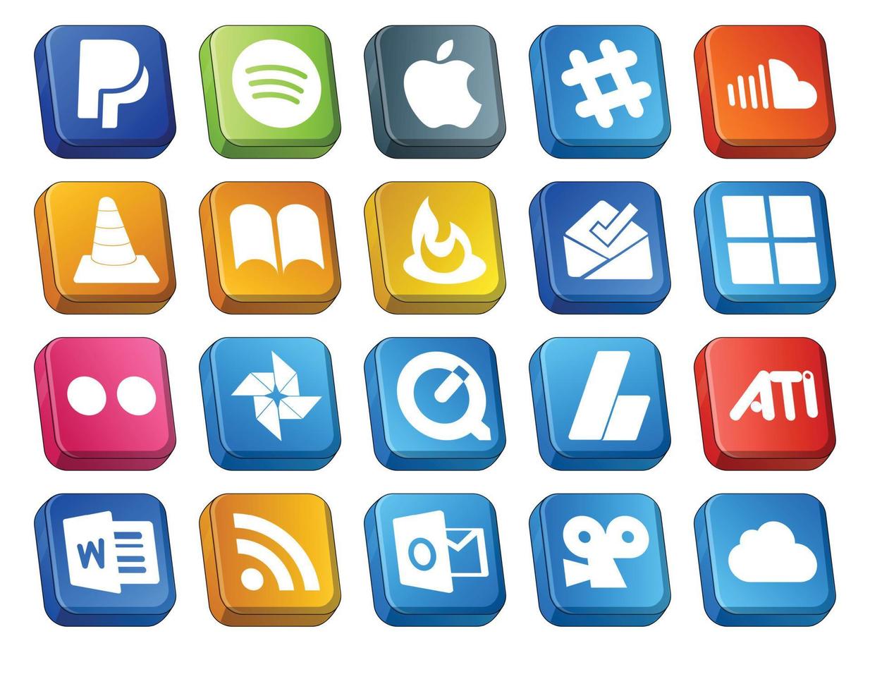 20 Social Media Icon Pack Including quicktime flickr vlc microsoft feedburner vector