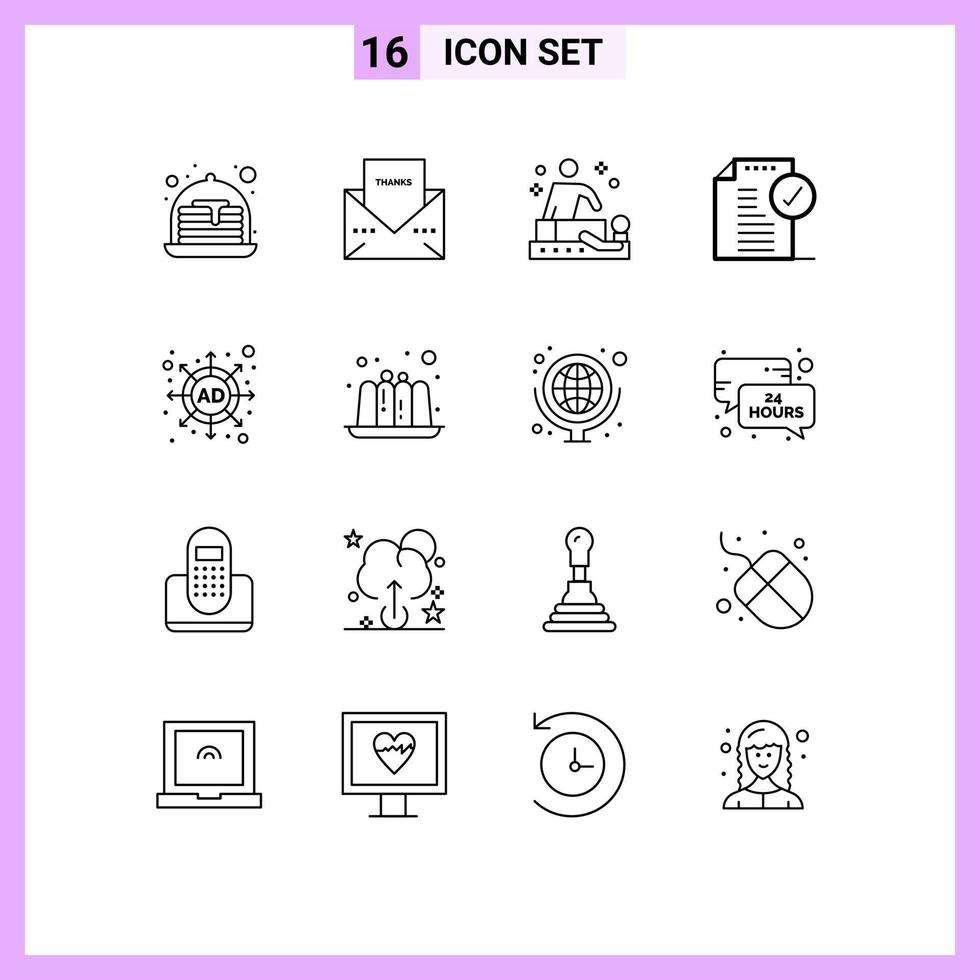 Pictogram Set of 16 Simple Outlines of ad notice massage document approve Editable Vector Design Elements