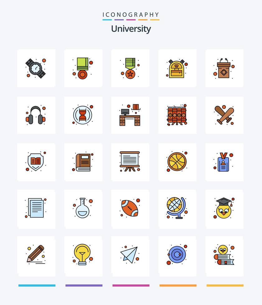 Creative University 25 Line FIlled icon pack  Such As presentation. backpack. gold. student. bag vector