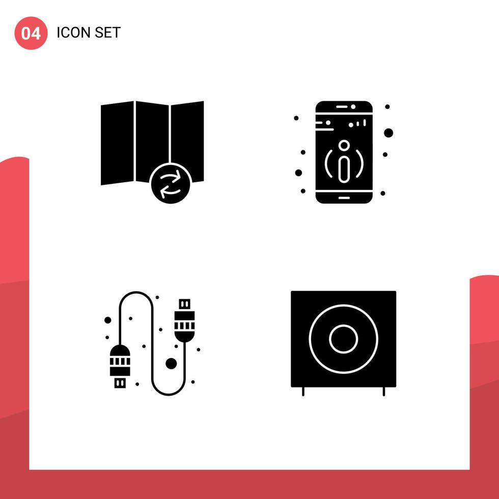 Pack of 4 Modern Solid Glyphs Signs and Symbols for Web Print Media such as map bass detail cable electronics Editable Vector Design Elements