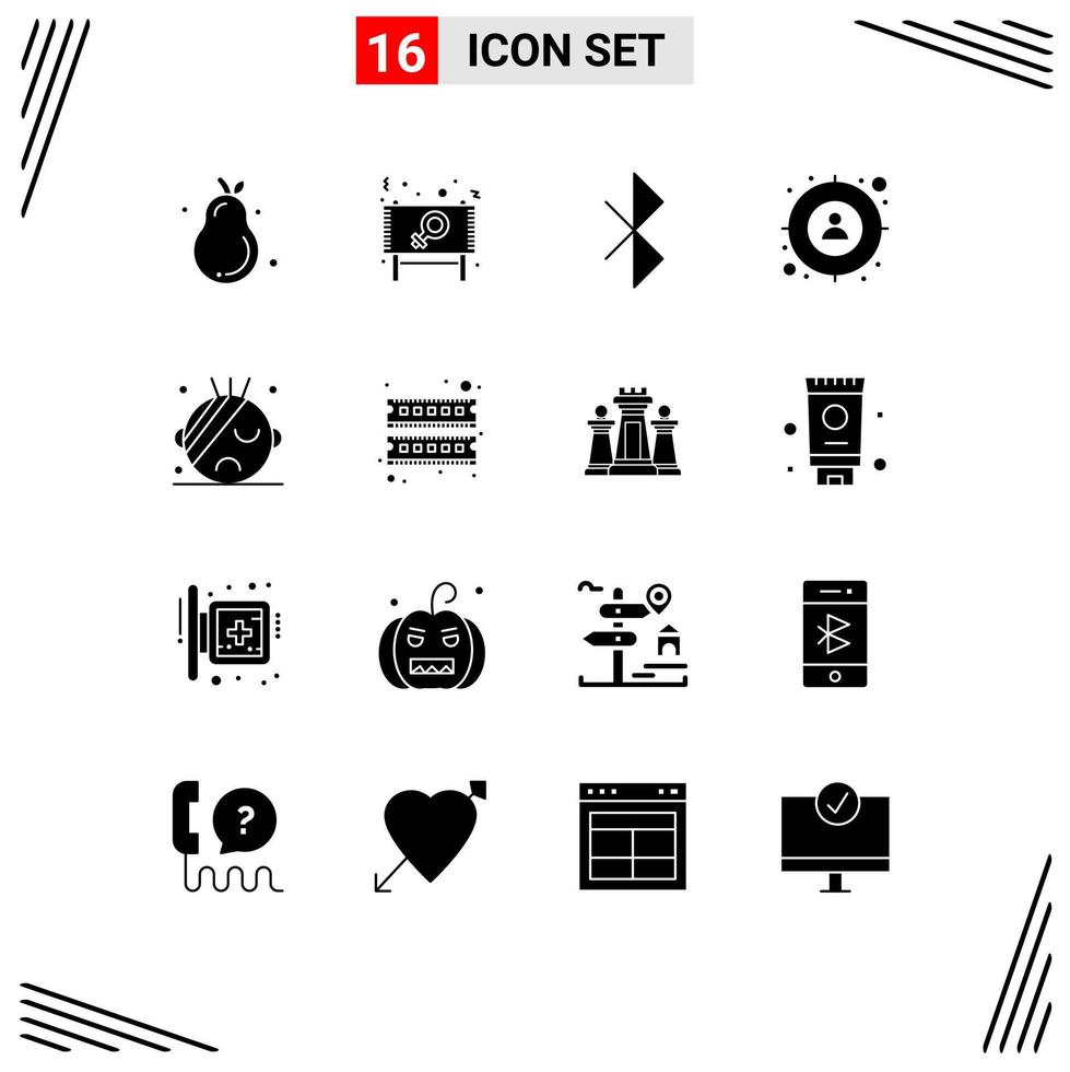 Group of 16 Modern Solid Glyphs Set for hospital target sign man focus Editable Vector Design Elements