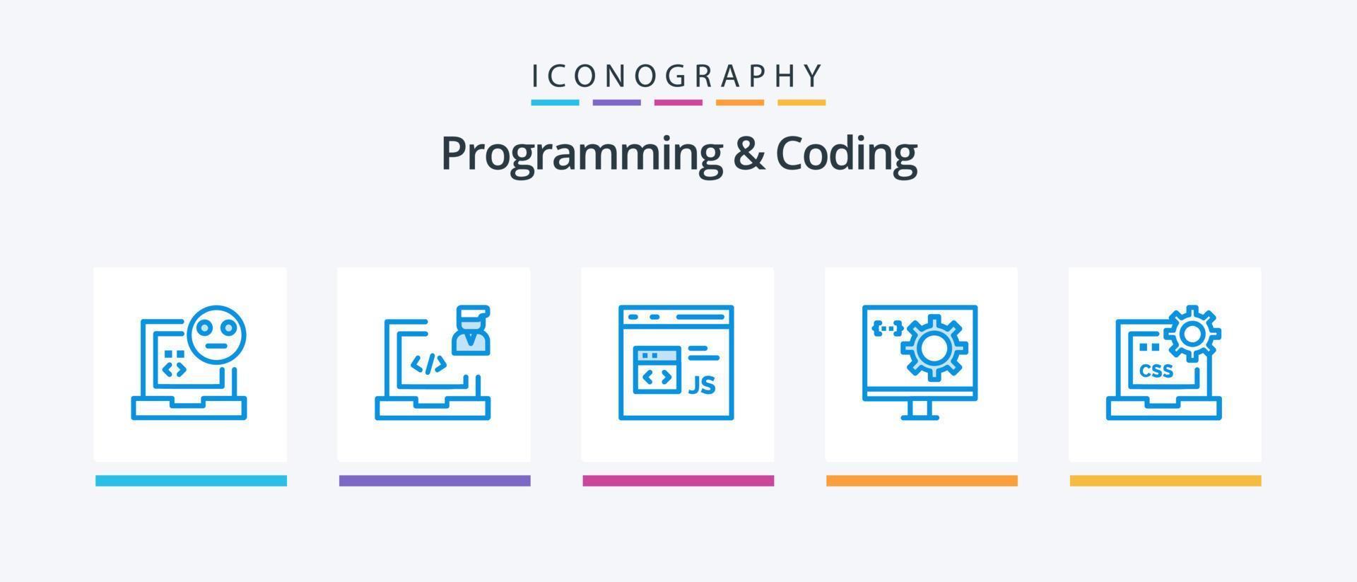 Programming And Coding Blue 5 Icon Pack Including develop. coding. laptop. js. develop. Creative Icons Design vector