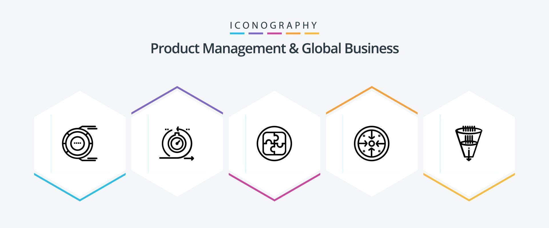 gestión de productos y paquete de iconos de 25 líneas de negocios globales, incluida la operación. metas. rápido. etapas planificación vector
