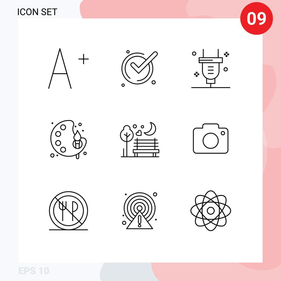 grupo de 9 contornos modernos establecidos para elementos de diseño de vectores editables de pintura nocturna de interruptor de luna romántica