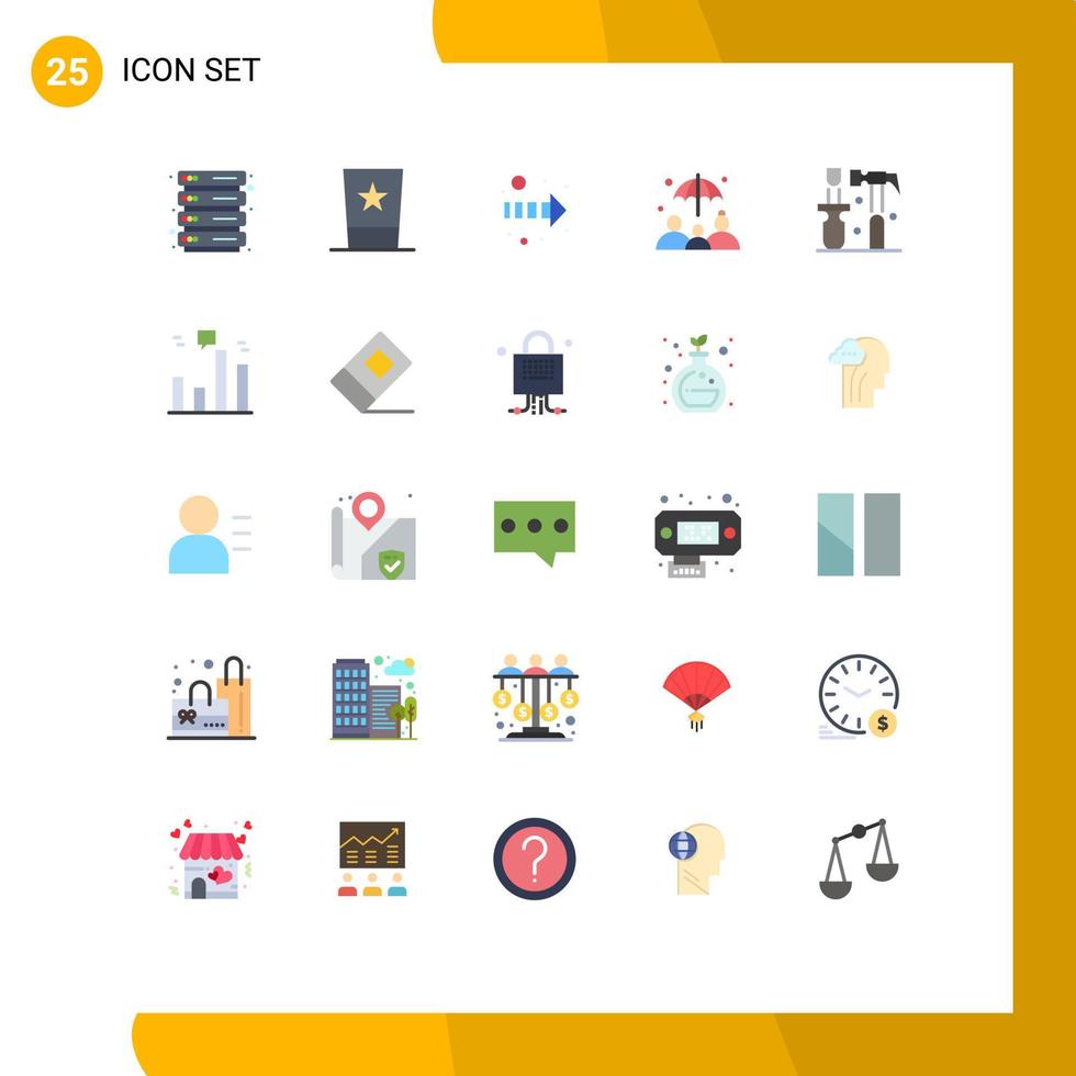 paquete de 25 signos y símbolos de colores planos modernos para medios de impresión web, como herramientas, martillo, flecha, grupo de construcción, seguros, elementos de diseño de vectores editables