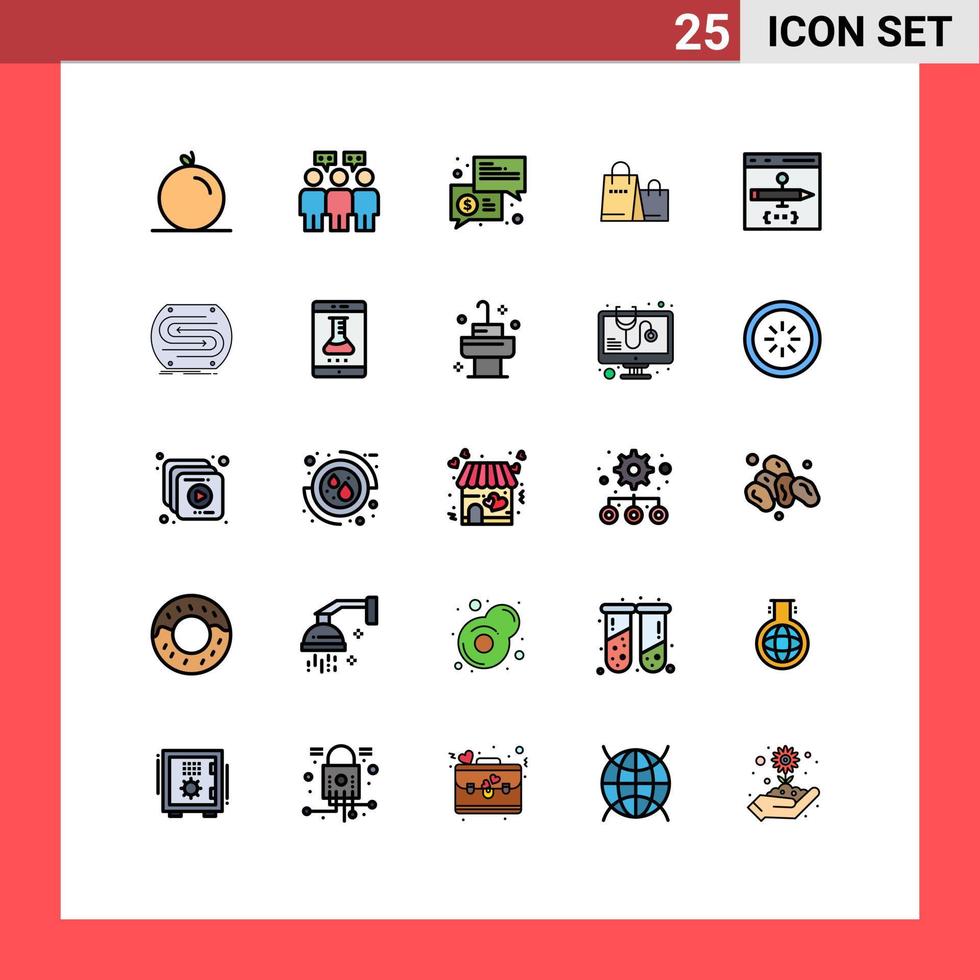 25 Universal Filled line Flat Colors Set for Web and Mobile Applications coding app keynote shop handbag Editable Vector Design Elements