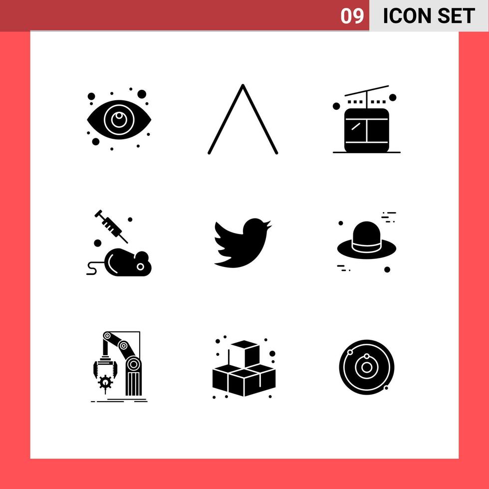 Mobile Interface Solid Glyph Set of 9 Pictograms of hat social regular network mouse Editable Vector Design Elements