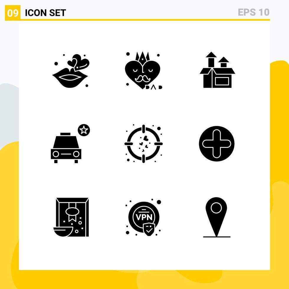 Modern Set of 9 Solid Glyphs Pictograph of love vehicles management star car Editable Vector Design Elements