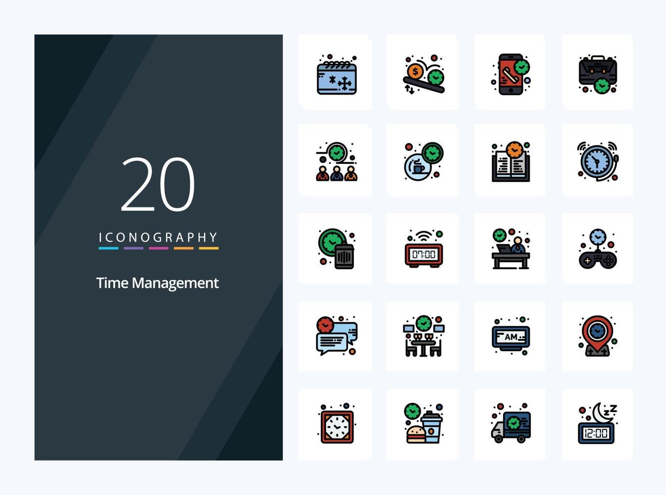 20 iconos llenos de línea de gestión de tiempo para presentación vector