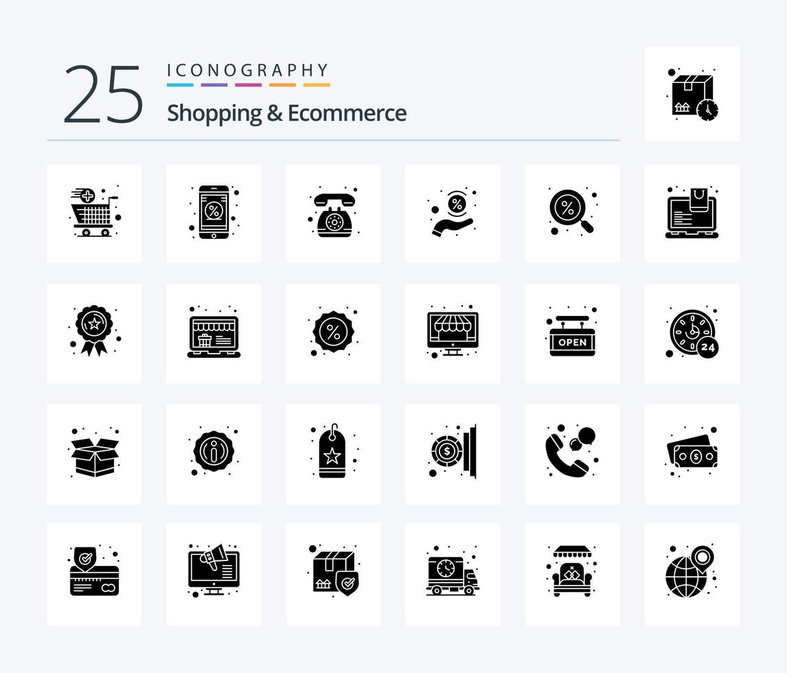 paquete de iconos de 25 glifos sólidos de compras y comercio electrónico que incluye buscar. descuento. teléfono. porcentaje. mano vector