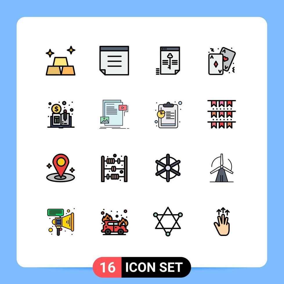 Universal Icon Symbols Group of 16 Modern Flat Color Filled Lines of distributed ledger book currency key card poker Editable Creative Vector Design Elements