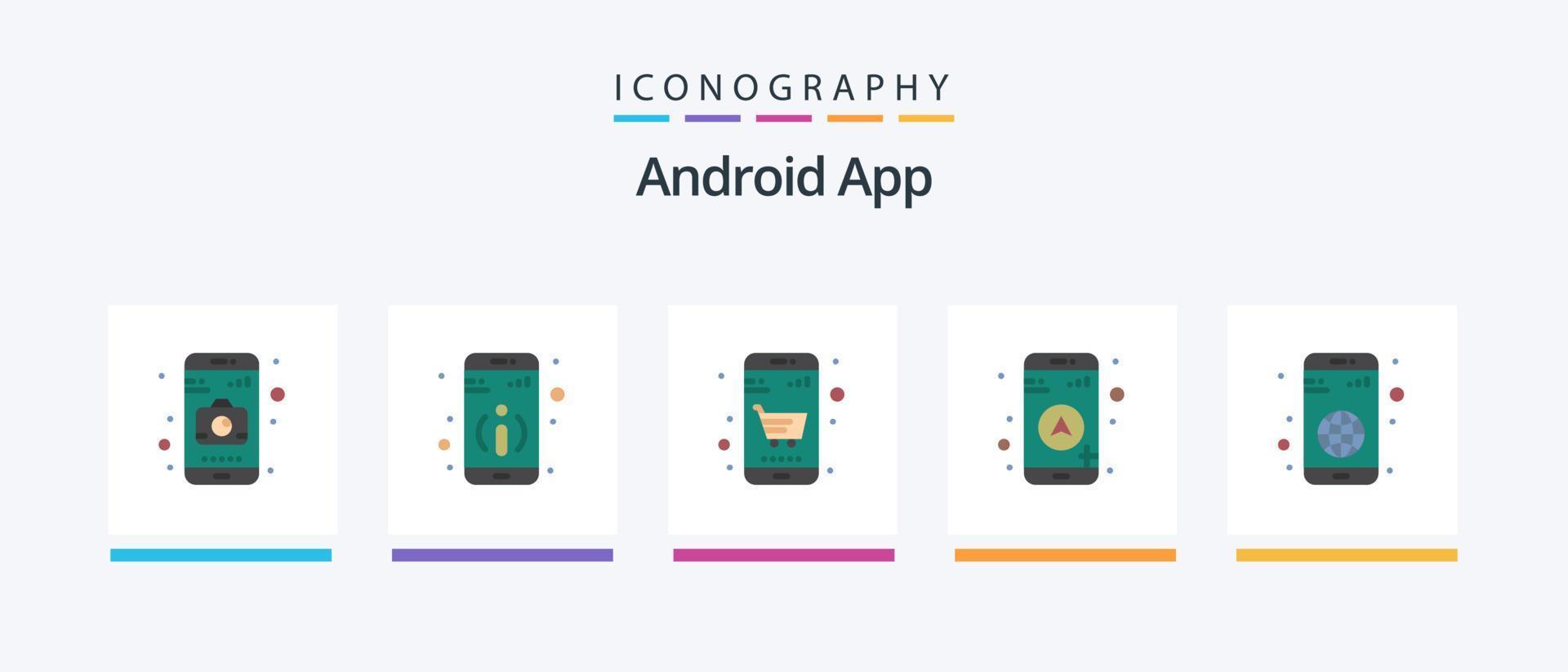 Android App Flat 5 Icon Pack Including . globe. cart. application. navigation. Creative Icons Design vector