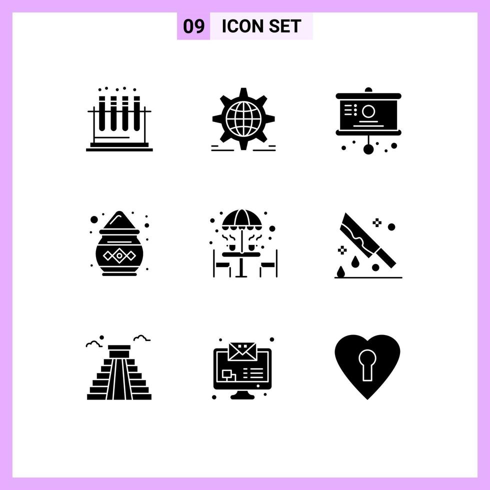 9 User Interface Solid Glyph Pack of modern Signs and Symbols of chair pot web india presentation Editable Vector Design Elements