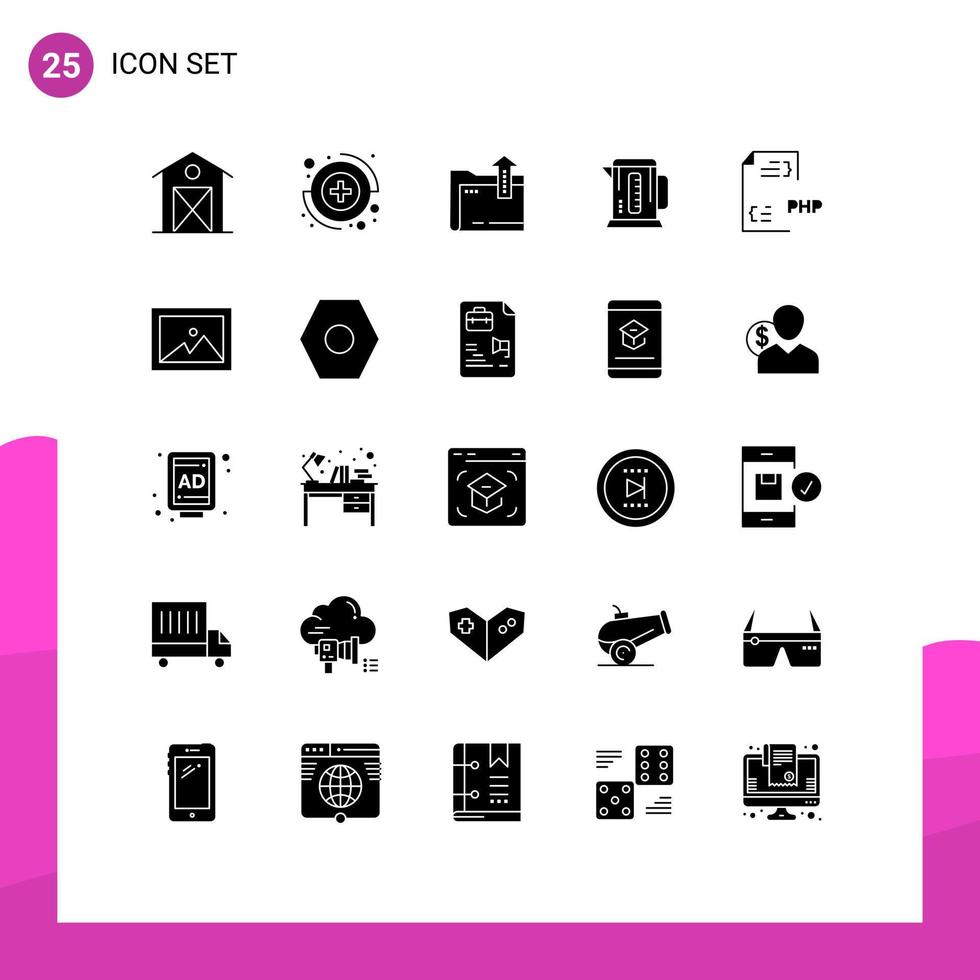 Pack of 25 creative Solid Glyphs of develop hotel folder machine boiler Editable Vector Design Elements