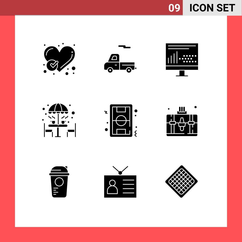 Pack of 9 Modern Solid Glyphs Signs and Symbols for Web Print Media such as umbrella furniture coding coffee statistics Editable Vector Design Elements