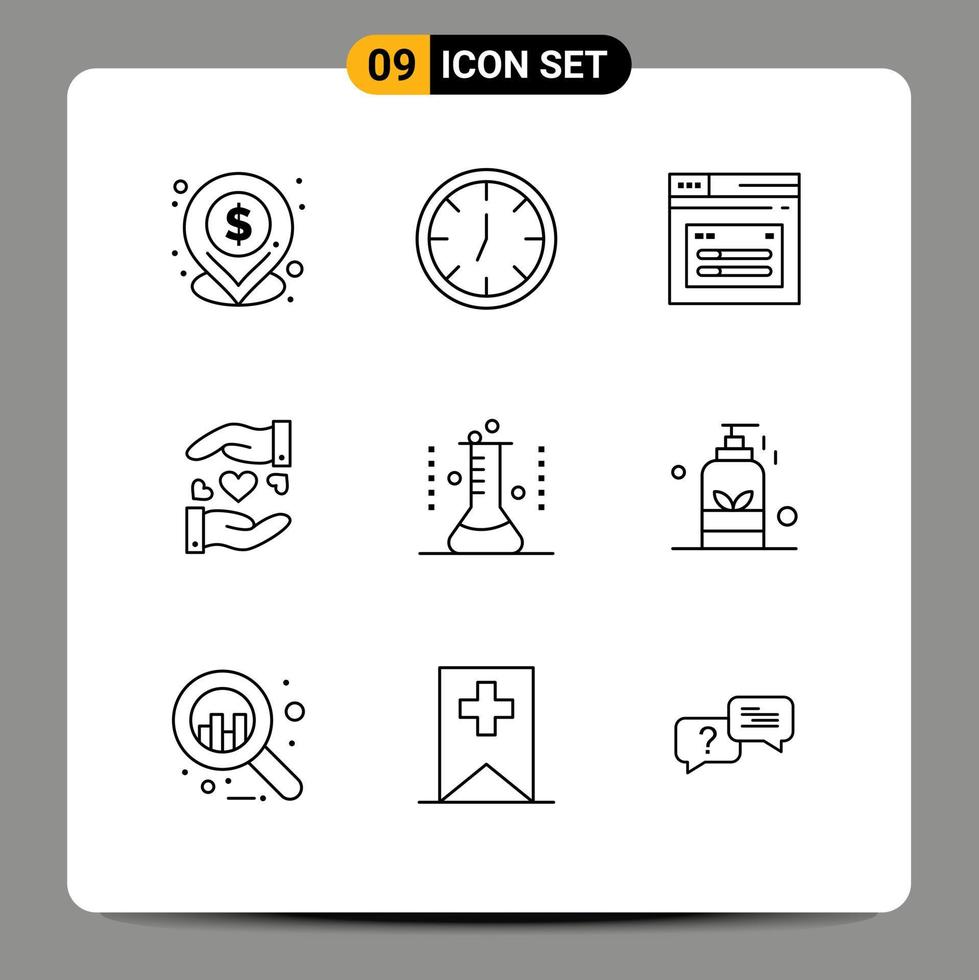 User Interface Pack of 9 Basic Outlines of lab glassware erlenmeyer flask web chemical flask heart Editable Vector Design Elements